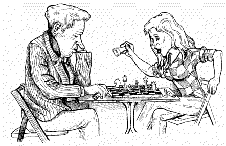 Schach-Karikatur: Lady gewinnt