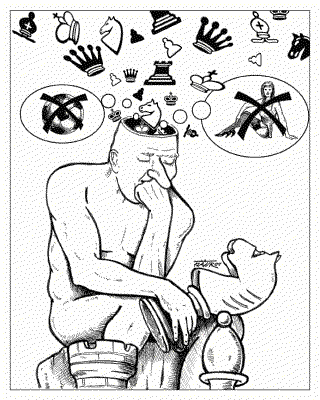 Schach-Karikatur Rodin, der Schachdenker